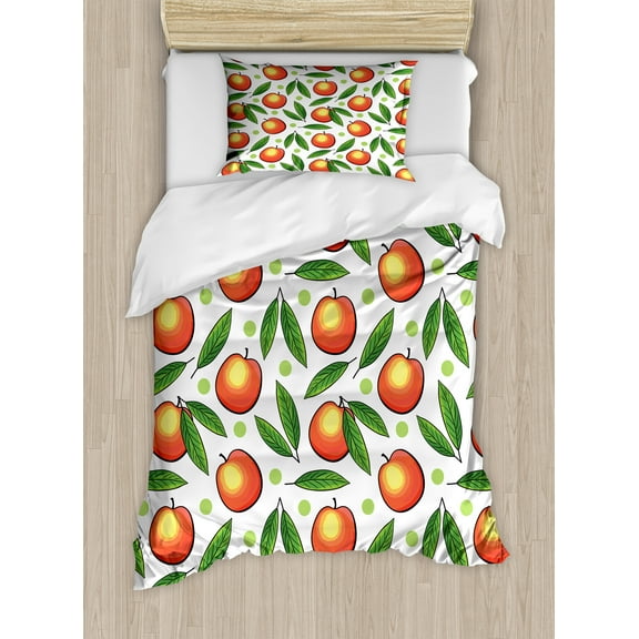 Fruits Duvet Cover Set, Repeated Peaches with Leaves and Polka Dots on Plain Background, Decorative 2 Piece Bedding Set with 1 Pillow Shams, Twin Size, White Vermilion and Fern Green, by Ambesonne