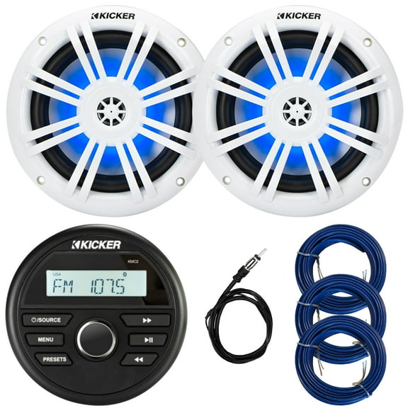 Kicker 46KMC2 All-Weather Marine Bluetooth USB/AUX AM/FM Gauge Style Media Center Receiver, 2x 6.5" 150W Max Power RGB LED Boat Coaxial Speakers, 22" Radio Antenna, 3x 20 Feet 16 Gauge Speaker Wire