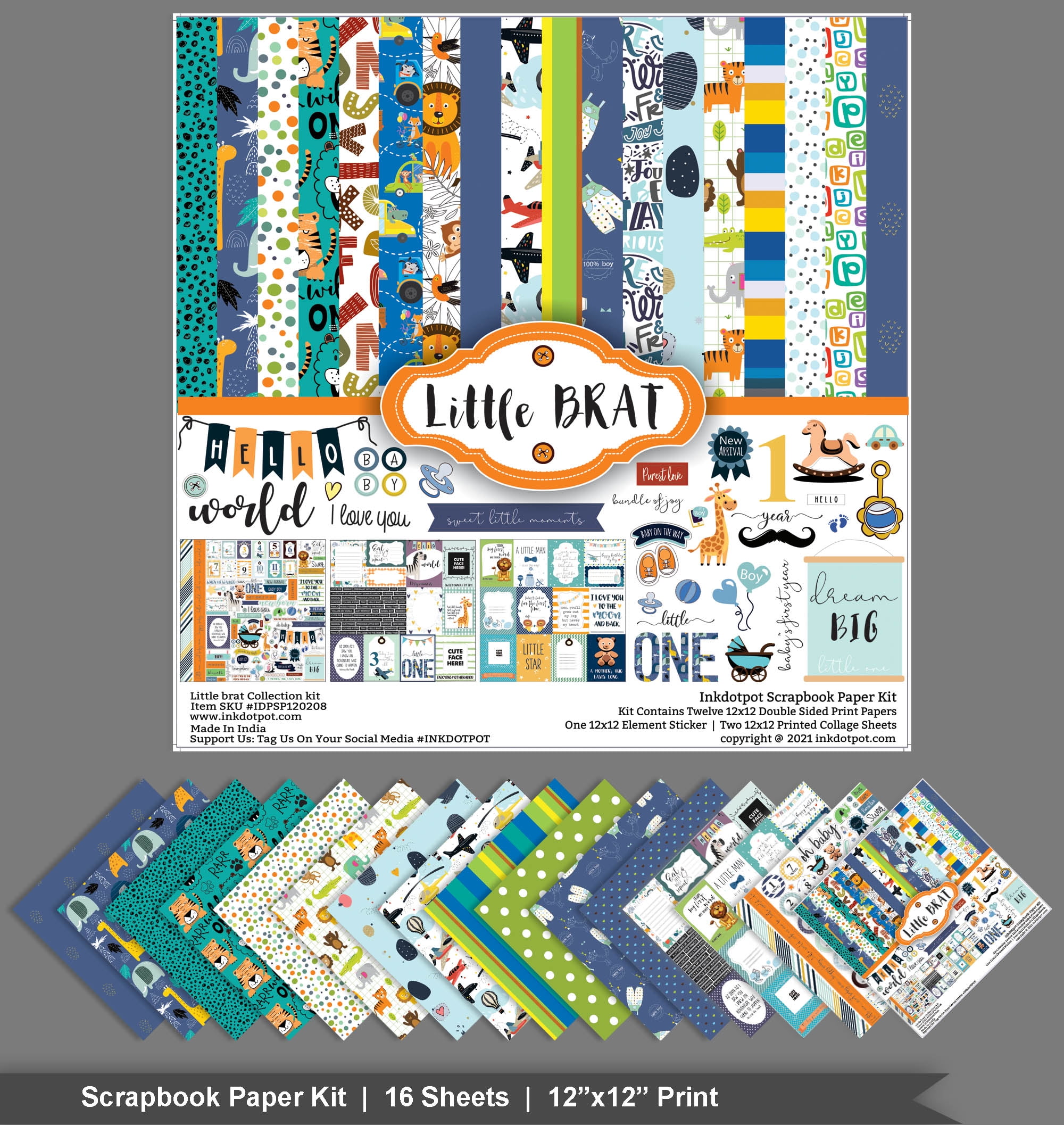 Inkdotpot Its a Baby Boy Theme Collection Double-Sided Scrapbook Paper Kit Cardstock 12"x12" Card Making Paper Pack With Sticker Sheet - 16 Pages - Blue