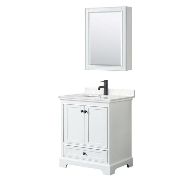 30 in. Deborah Single Bathroom Vanity with Carrara Cultured Marble Countertop, Undermount Square Sink, Matte Black Trim & Medicine Cabinet - White
