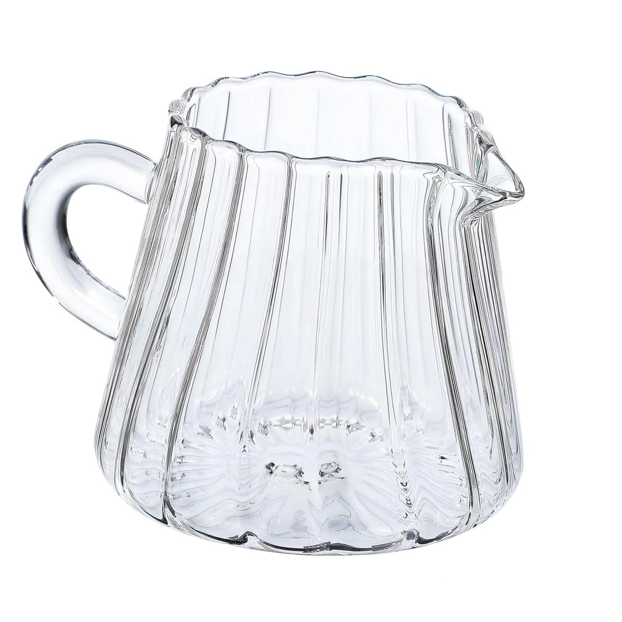 RVKXHD Glass Creamer Pitcher, 5.29oz, 2.78*2.78*2.48 in, Clear Ribbed Milk Jug with Handle and Pour Spout, Small Serving Carafe for Coffee, Tea, Syrup, Sauce, Cream and Condiments - 1 Pcs