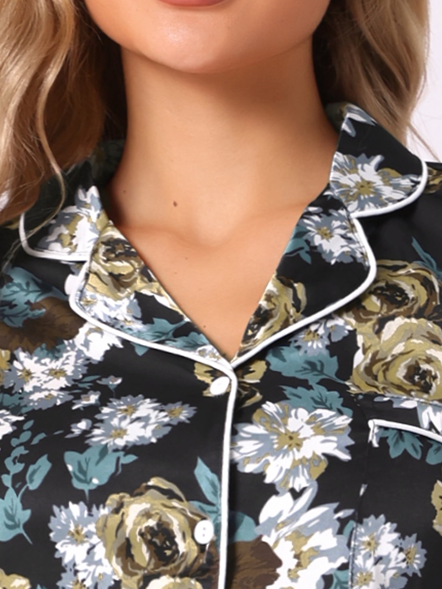 DARING DIVA Women's Silk Short Sleeves Floral Satin Pajama Sets XL Black Flowers