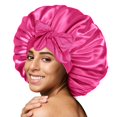 thumbnail image 1 of BONNET QUEEN Gorro de seda para mujeres dormidas Gorro de satén Gorro para el pelo Gorro grande Gorro de dormir nocturno Envoltura para cabello rizado con banda para atar rosa fuerte, 1 of 5