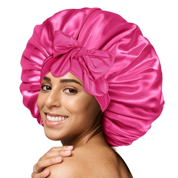 BONNET QUEEN Gorro de seda para mujeres dormidas Gorro de satén Gorro para el pelo Gorro grande Gorro de dormir nocturno Envoltura para cabello rizado con banda para atar rosa fuerte