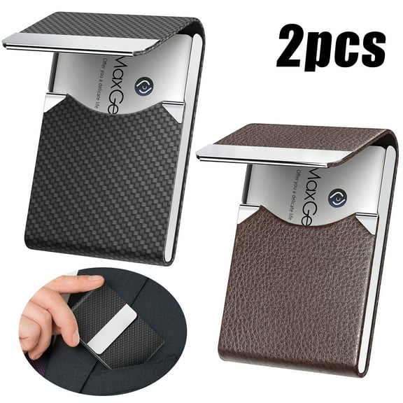 Square 2 Pack Business Card Holder, Metal Slim Business Card Case, Pocket Card Holder for Women or Men, PU Leather Business Card Holder Case(Black and Coffee)