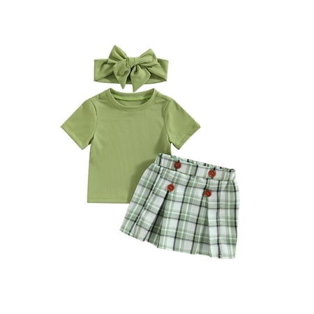 

Qtinghua Toddler Baby Girl Summer Clothes Short Sleeve Knit T-Shirt Tops Plaids Pleated Mini Skirt Headband 3Pcs Set Green 2-3 Years