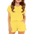 thumbnail image 2 of MAIHAN Girls Summer Outfit Solid Color Casual Two Piece Set Short Sleeve Top and Shorts Summer Kids Loose Comfortable Outfit(Yellow,7-8 Years), 2 of 5