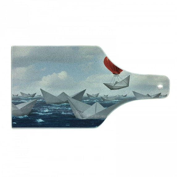 Abstract Cutting Board, Dreamy Composition of Paper Boats on Wavy Ocean Balloon, Decorative Tempered Glass Cutting and Serving Board, in 3 Sizes, by Ambesonne