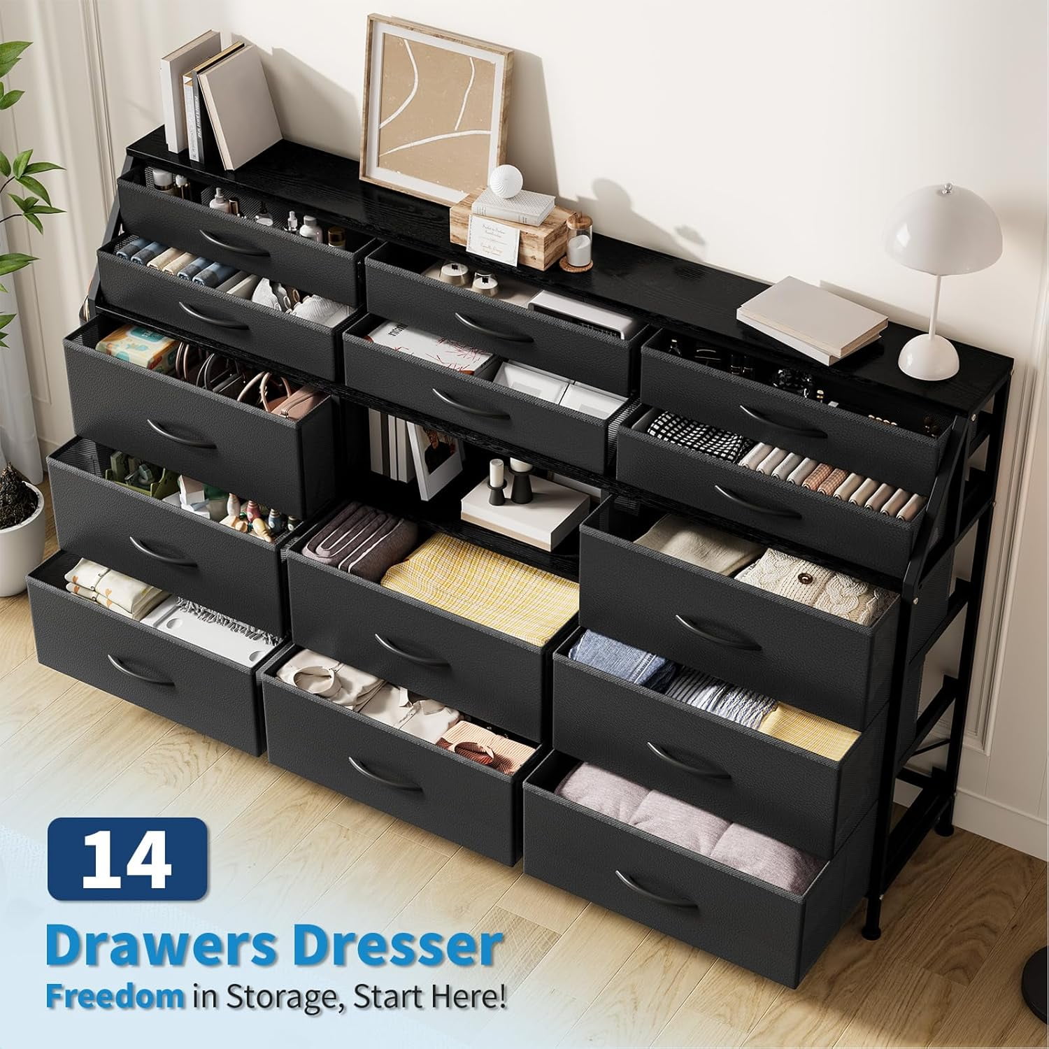 Dresser for Bedroom with 14 Drawers, 55" W Dresser with Side Pocket, Fabric Dressers & Chests of Drawers with Shelves, Sturdy Frame, Wood Top