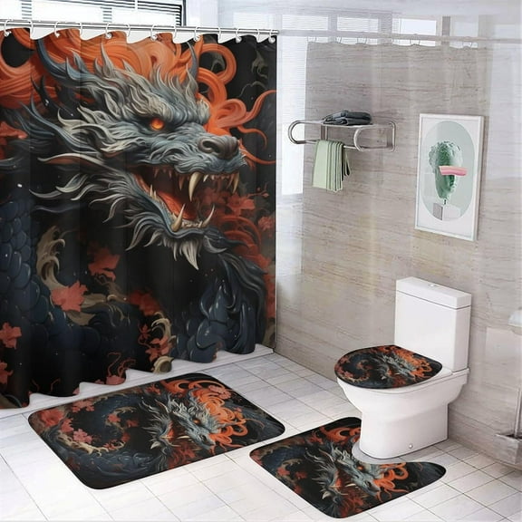 Watercolor Dragon Shower Curtain Set 4 PCS, Vintage Red Chinese Cartoon Bathroom Sets with Shower Curtain and Rugs, Toilet Lid Cover and Bath Mat, Waterproof Shower Curtain with 12 Hooks
