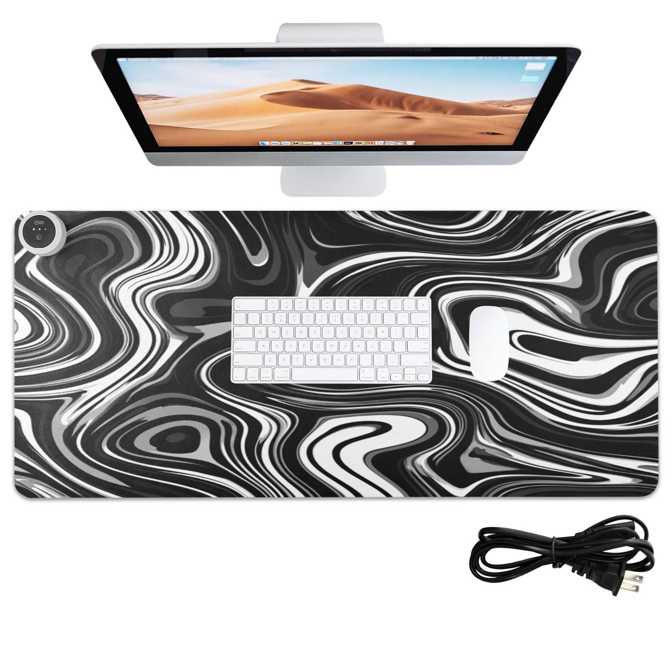 Large Heated Desk Mat Mouse Pad 31.5"x13"PU Leather Graphene Heating Desk Warmer with 3 Temperature Settings 110V US Plug Non-Slip Warm Pad for Home, Office, and Gaming Matte Black Flowing Lines