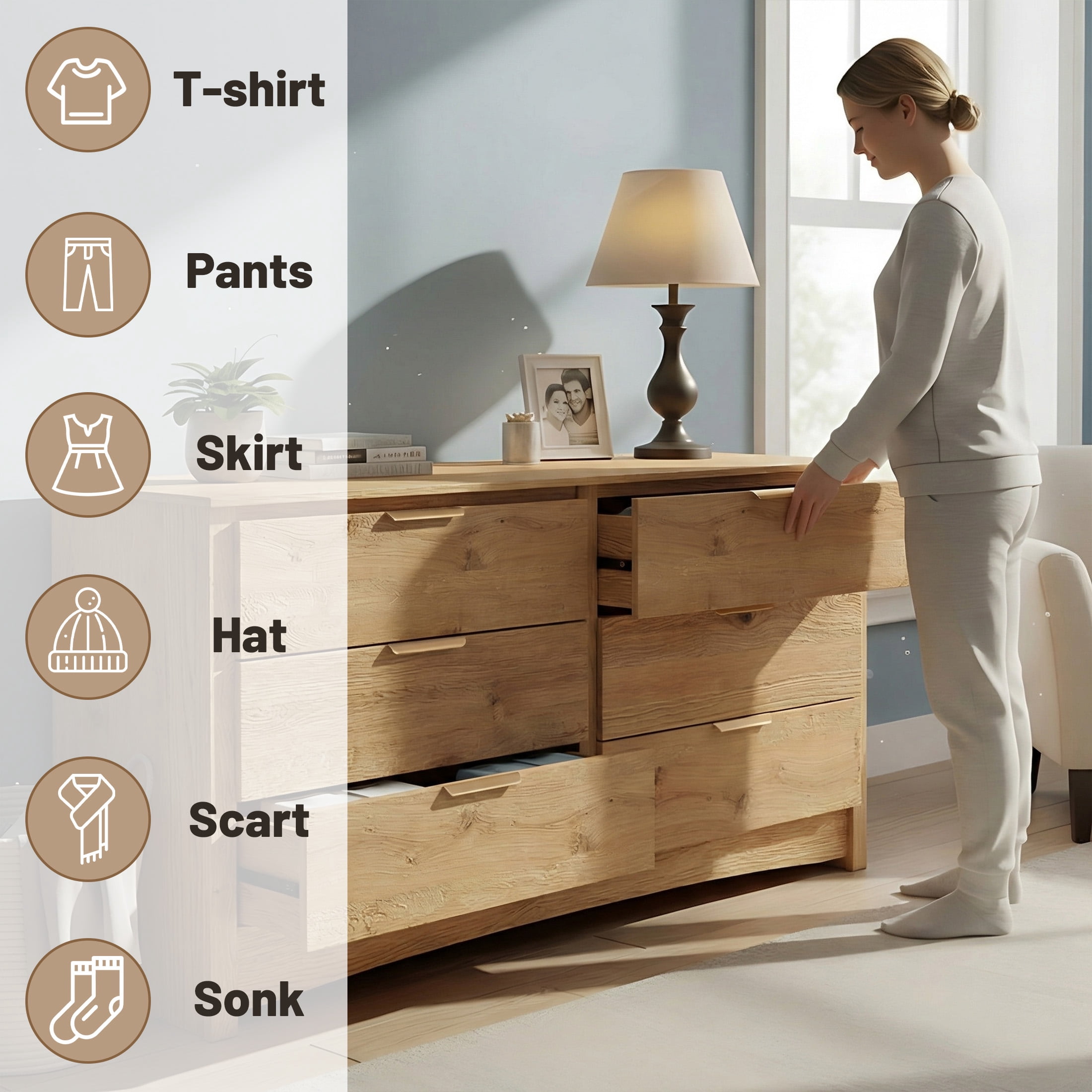edx 59in Wood Dresser 6 Drawer, Brown Storage Cabinet, Vintage Dresser, Chest of Drawers for Bedroom and Living Room, Wood