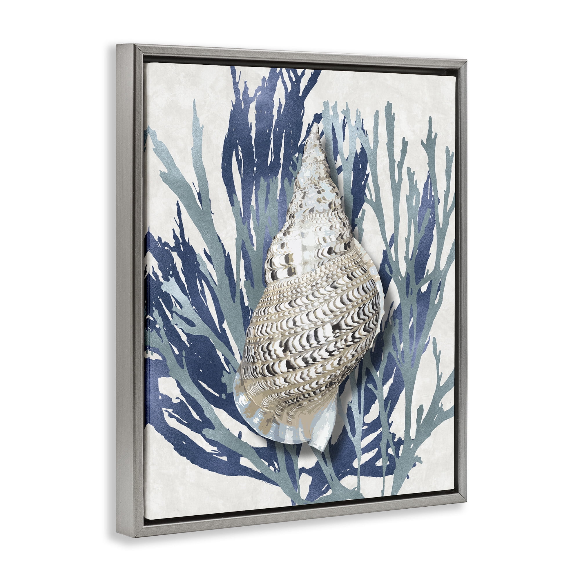 Stupell Industries Shell Coral Blue Beach Design Nature Painting Gray Floater Framed Canvas Art Print Wall Art, 17 x 21