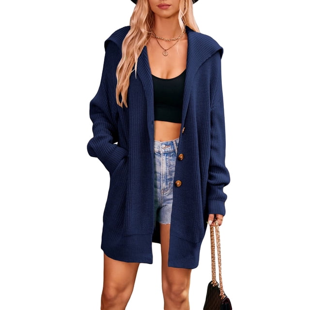 xiaxaixu Women Knit Cardigan Long Sleeve Turn-down Collar Button Closure Fall Casual Jacket Sweater with Pockets