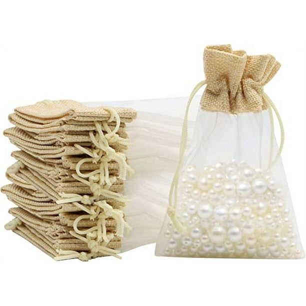 Bolsitas de organza de yute, 24 unidades, 10 x 15 cm, bolsas de regalo de organza con cordón reutilizable para bodas, joyas, dulces y festivales.