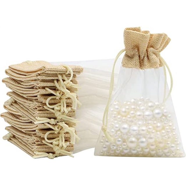 Bolsitas de organza de yute, 24 bolsas de regalo de organza de 10 × 15 cm con cordón reutilizable para bodas, joyas, dulces, festivales