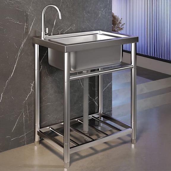 Versatile Freestanding Stainless Steel Sink Unit with Storage Shelf, Single Basin Design for Kitchen or Bathroom Installation