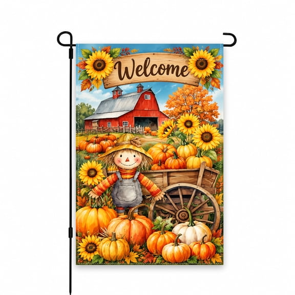 Welcome Fall Garden Flag 12 x 18 Inch with Sunflowers, Pumpkins, Scarecrow, Red Barn Autumn Scene for Outdoor Yard, Lawn, Patio, Porch, or Garden Decor