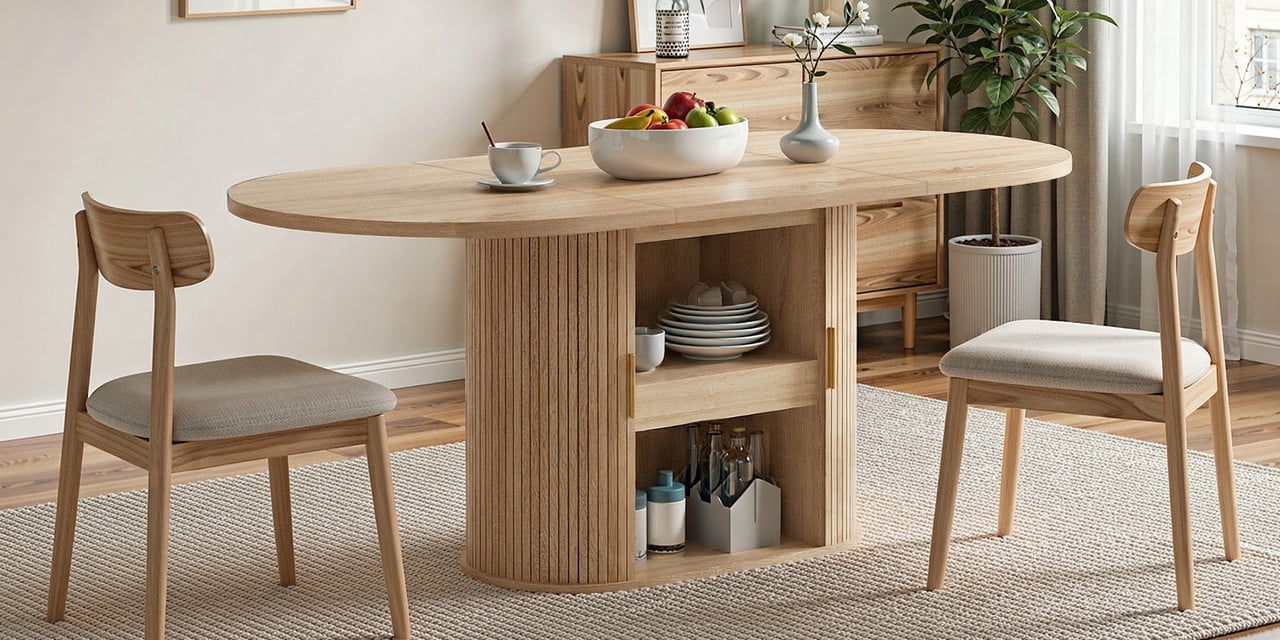 Uforic Oval Dining Table for 6-8 People, 70.9" Modern Kitchen Table with Fluted Base and Storage, Oak