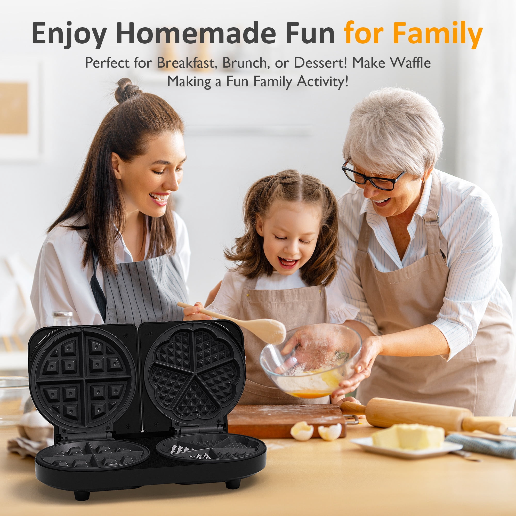 Heynemo Double Waffle Maker with Adjustable Temp, Heart Waffle & Classic Waffle Iron