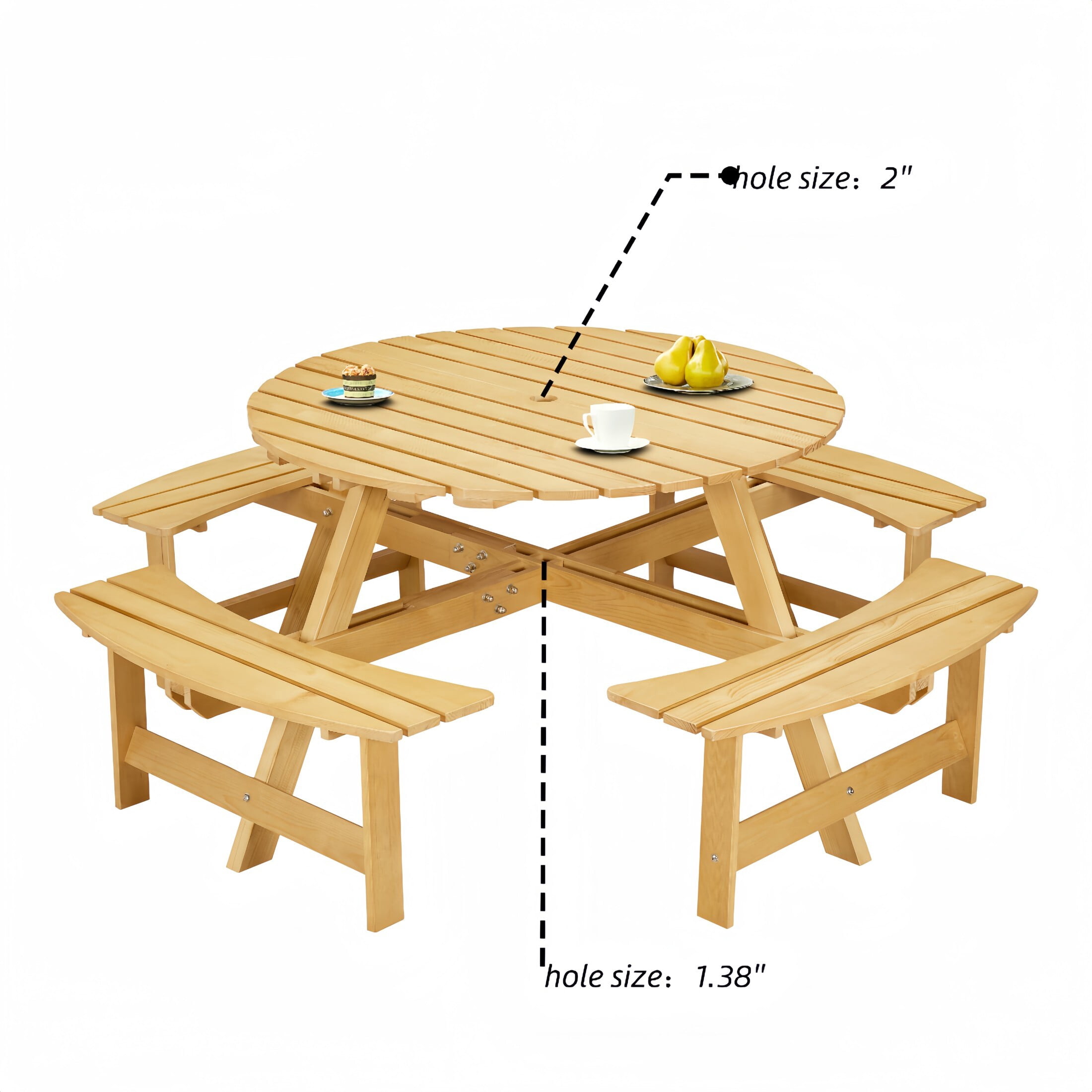 DEALTOPS 8 Person Wood Picnic Table with 4 Built-in Benches, Outdoor Round Table and Bench Set with Umbrella Hole for Park, Natural Wood