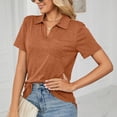 thumbnail image 3 of Slatcetga camiseta de las mujeres color puro solapa manga corta V Masajeadores cuello casual verano para oficina compras actividades al aire libre caramelo M, 3 of 6