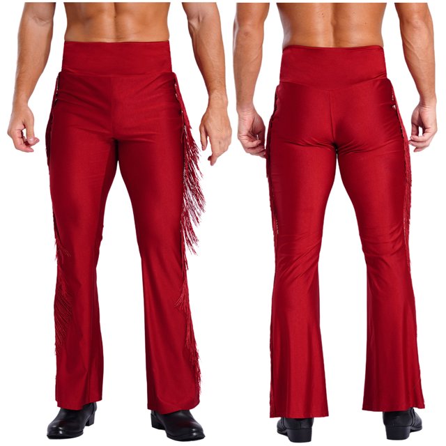 TiaoBug Retro 70S Disco Tassel Flared Pants Latin Ballroom Tango Practice Performance Bell-Bottom Dance Pants Burgundy L