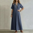 thumbnail image 4 of IUYRTFE Women's V Neck Short Sleeve Maxi Dress Cotton Linen Loose Fit Summer Casual Long Vacation Dress, 4 of 6