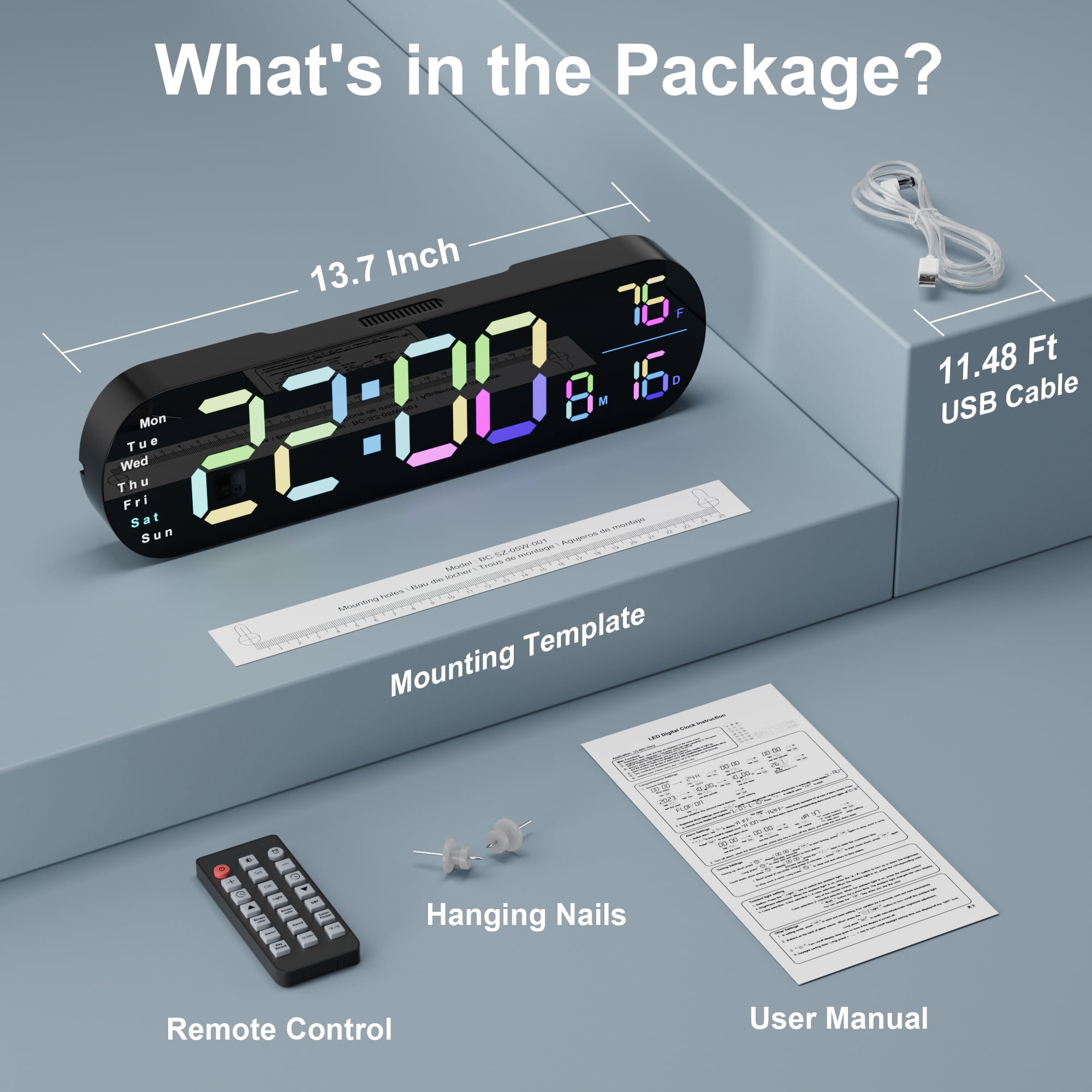 Hansang Digital Wall Clock with Remote Control, Auto-Dimming and 9 Colors, The Large Digital Clock Features a 13.7-In Wide Display