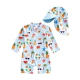 thumbnail image 3 of Krdevn Baby UPF50+ Long Sleeve One Piece Rash Guard Swimsuit with Matching Neck Flap Sun Hat Summer Pineapple Watermelon Stripe Print Swimwear Size:2-3 Years, 3 of 4