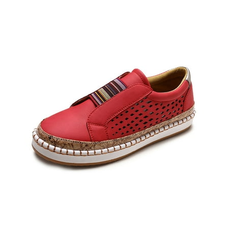 

SIMANLAN Ladies Casual Shoes Hollow Out Flats Comfort Slip On Sneakers Womens Lightweight Loafers Women Stitching Skate Shoe Red 6