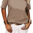 thumbnail image 4 of Camiseta de manga corta de color puro para mujer Blusa de manga corta de color liso transpirable holgada con hombros descubiertos Caqui S, 4 of 6
