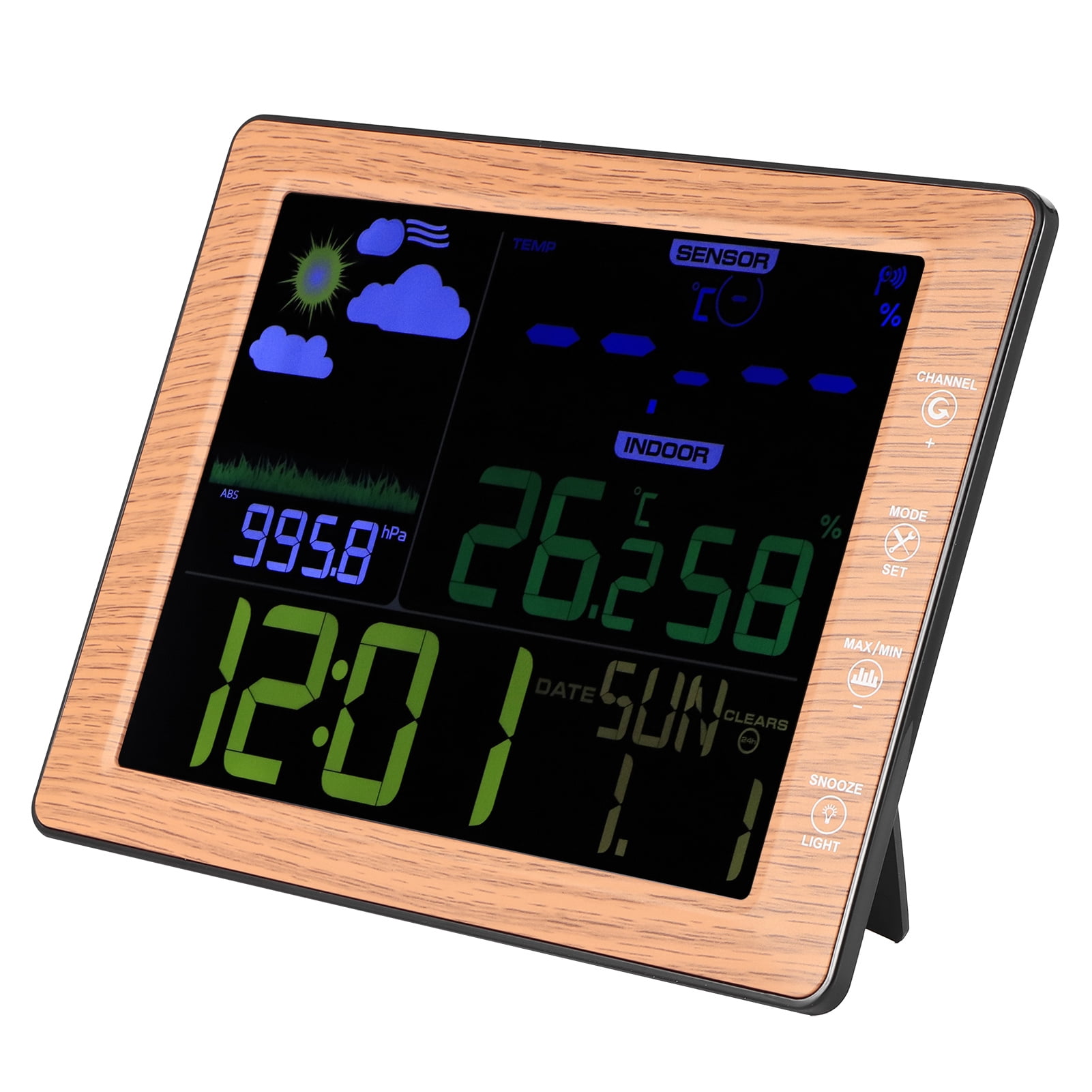 BIMZUC Wireless Weather Forecast Station Color Screen Alarm Clock Wood Color Digital Thermometer Hygrometer Indoor Outdoor Sensor, 8.5x6.3x0.8 inches / 21.5x16x2 cm