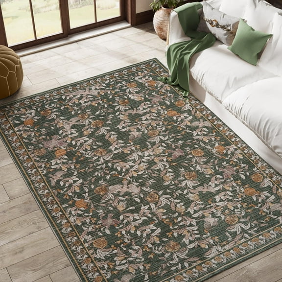 RUGKING Area Rugs For Living Room 5X7 Washable Oriental Rug Floral Print Mat Thin Traditional Carpet For Bedroom Hallway Kitchen Orange/Green