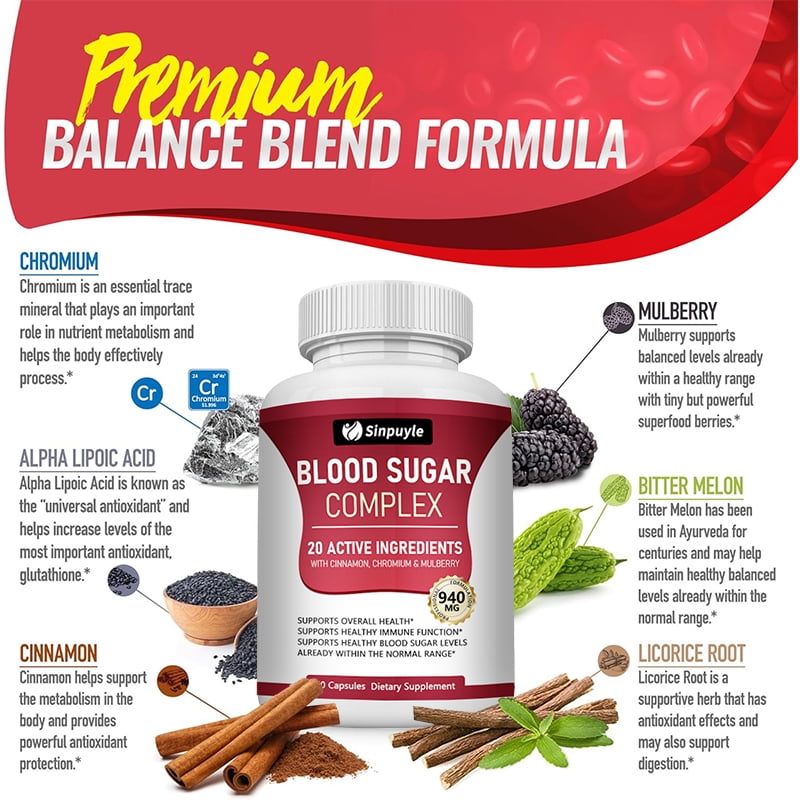 Blood Sugar Complex with Cinnamon, Chromium & Mulberry - 20 Active  Ingredients, 940mg, 60 Capsules