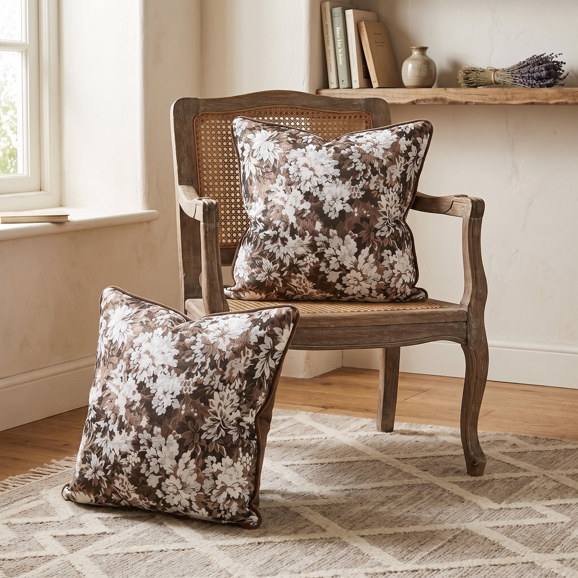 Unique Bargains Floral Throw Pillow Cover with Piped Edge Decor Cushion Case Brown 18"x18"