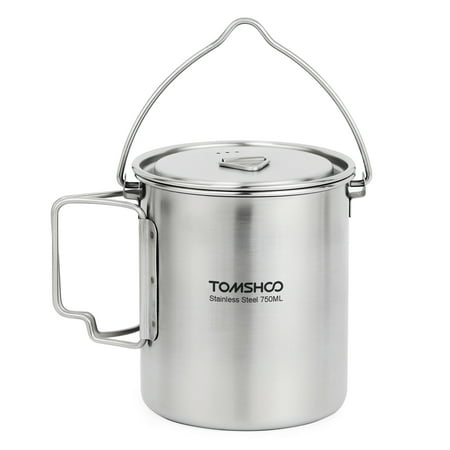 

walmeck 750ml Stainless Steel Pot Portable Mug Cup with Lid and Foldable Handle Outdoor Camping Cooking Picnic