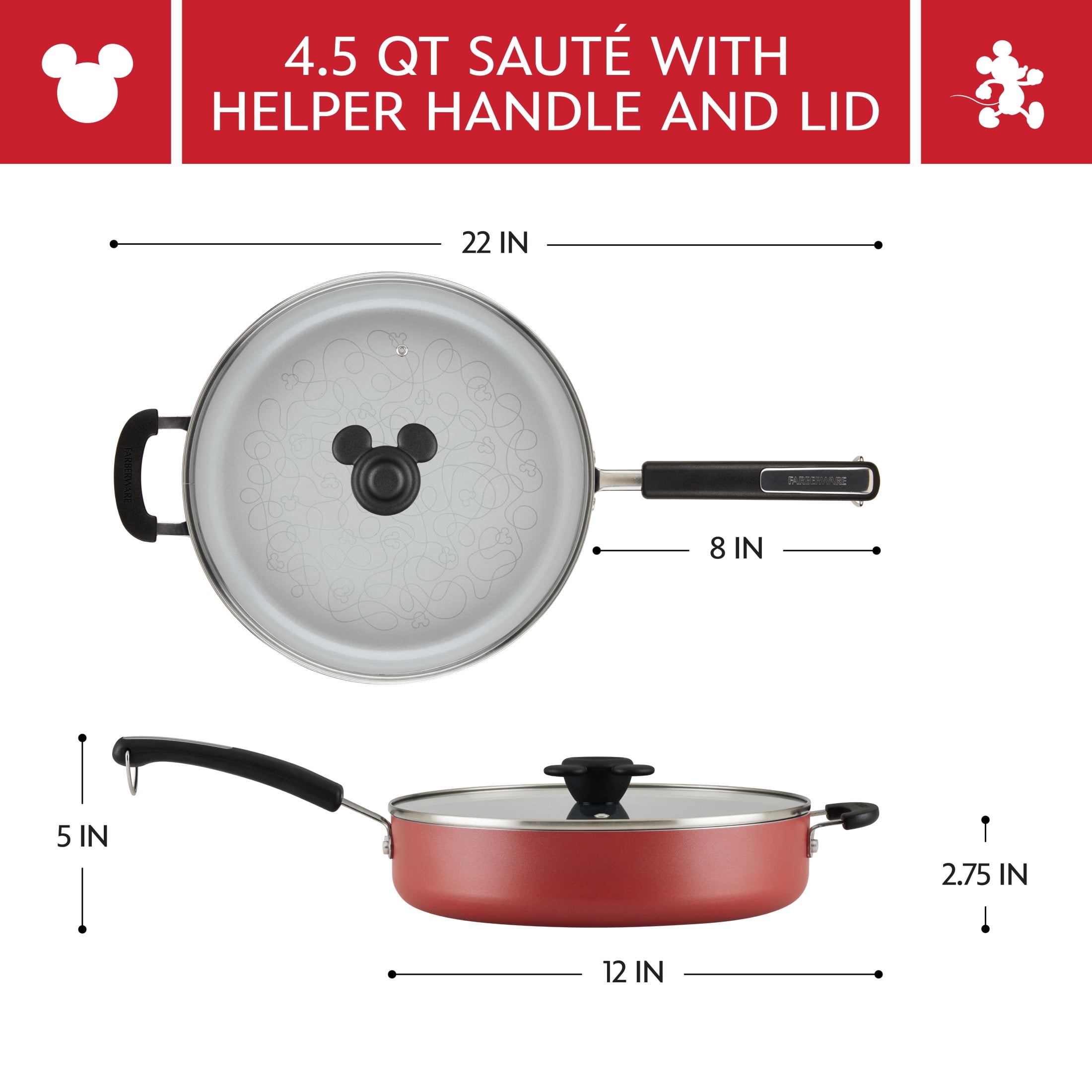 Farberware Disney Bon Voyage 4.5 Quart Ceramic Nonstick Saute Pan with Helper Handle and Lid, Dishwasher Safe, Red