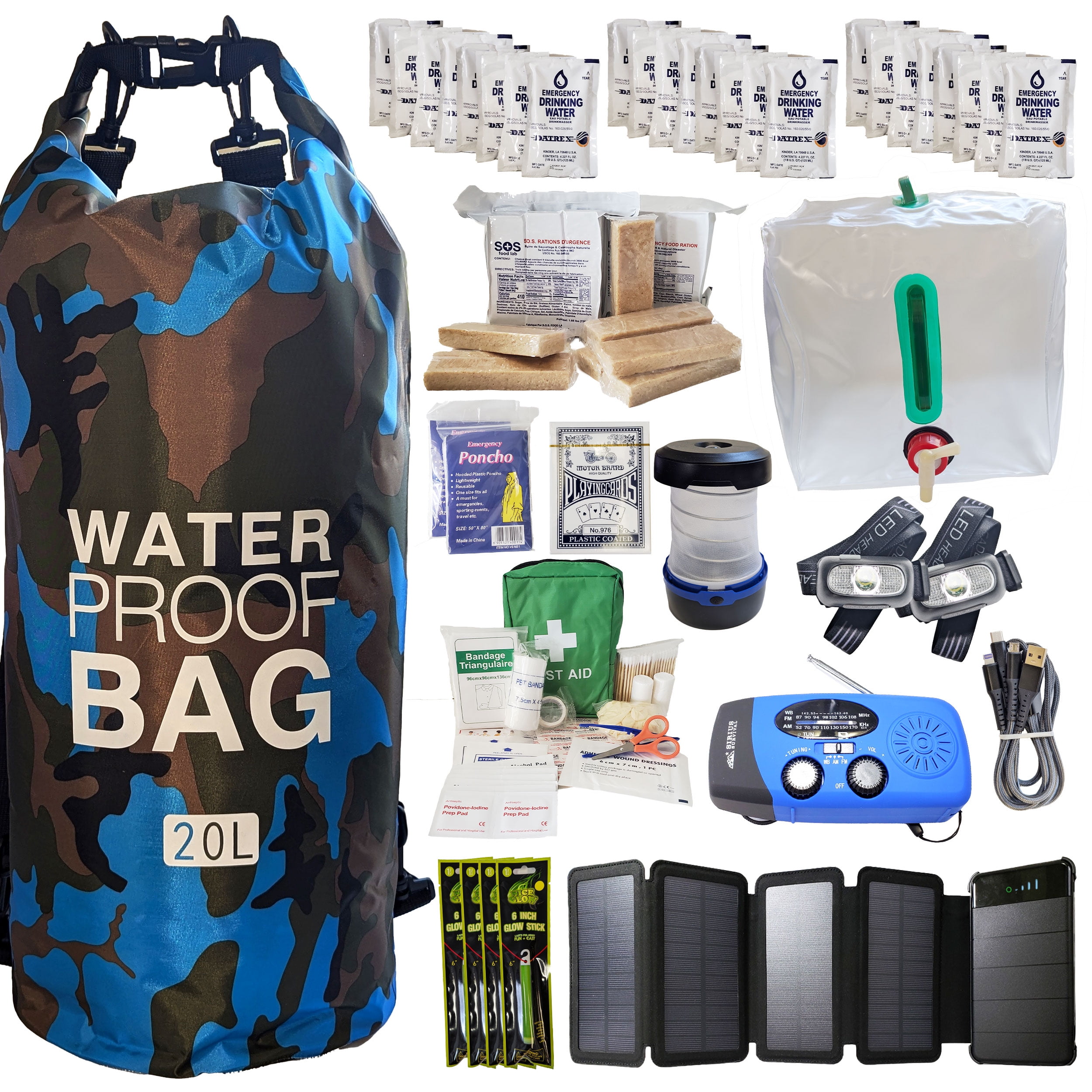 Sirius Survival Pre-Packed Hurricane Kit - Comprehensive Hurricane Preparedness Items - Essential Hurricane Supplies - Complete Hurricane Supply List in a Waterproof Bag for 2 People - Deep Blue Camo