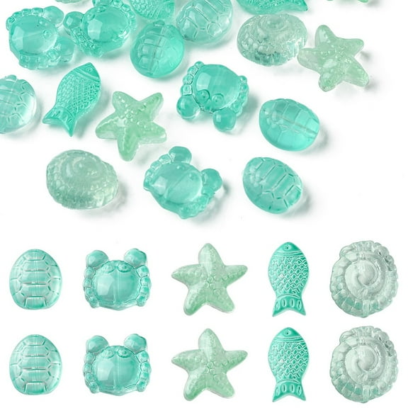 1 bag 25pcs 5 style Ocean Themed Transparent Glass Beads sets Mixed Shapes Turquoise 12~15x8~15x5~9mm Hole: 1mm 5pcs/style