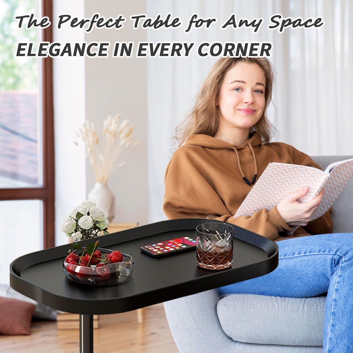 MONEHANE C-Shaped End Table, 360° Rotating Adjustable Height Couch Side Tables for Sofa / Bed / Bathtub, Black