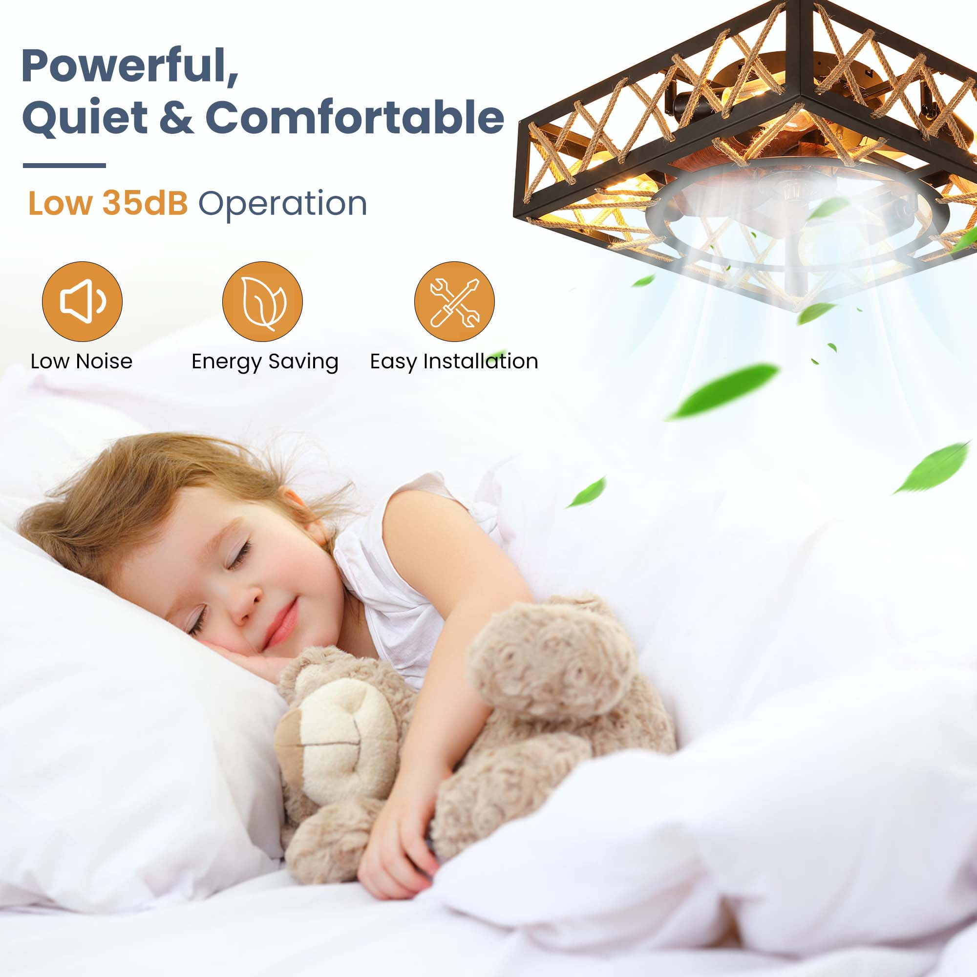 Aukfa Modern Low Profile Drum Cage Ceiling Fan with Light - Remote Control, Bladeless, 360-Degree Oscillating Design