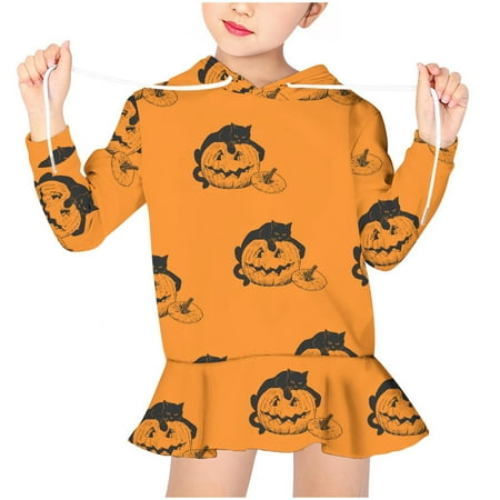 

REORIAFEE Girls Casual A-line Dress Birthday Dress Halloween Fall Clothes Hoodie Sweatshirt Long Sleeve Shirt Cartoon Print Dress Children Dress Homecoming Dress Prom Dress Orange 2-3 Years