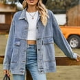 thumbnail image 2 of Lovskoo Women's Spring Long Sleeve Denim Jean Jacket Button Down Shirt Distressed Casual Turndown Outwear Pocket Regular Oversized Botton Jacket Tops Blue, 2 of 9
