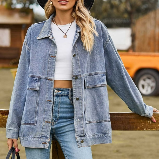 Chaquetas y abrigos de mezclilla de manga larga sin capucha para mujer, abrigos casuales con cuello vuelto, bolsillos, botones regulares, abrigos de mezclilla sin capucha, abrigos de manga larga para