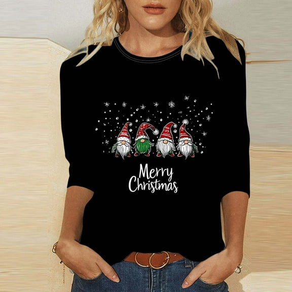 Feancey Womens Ugly Christmas Shirt Cute Gnome Print 3/4 Sleeve Tops Holiday Casual Plus Size Party Blouse Comfy Loose Tunic Tees Black 3XL