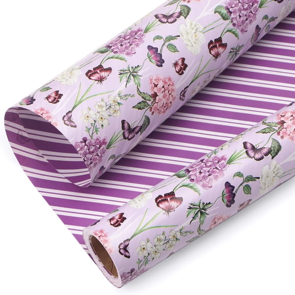 Floral Wrapping Paper Floral Butterfly and Stripe Reversible Mini Roll Birthday Gift Wrap for Women Girls Anniversary Wedding 17 Inch x 33 Feet-Purple