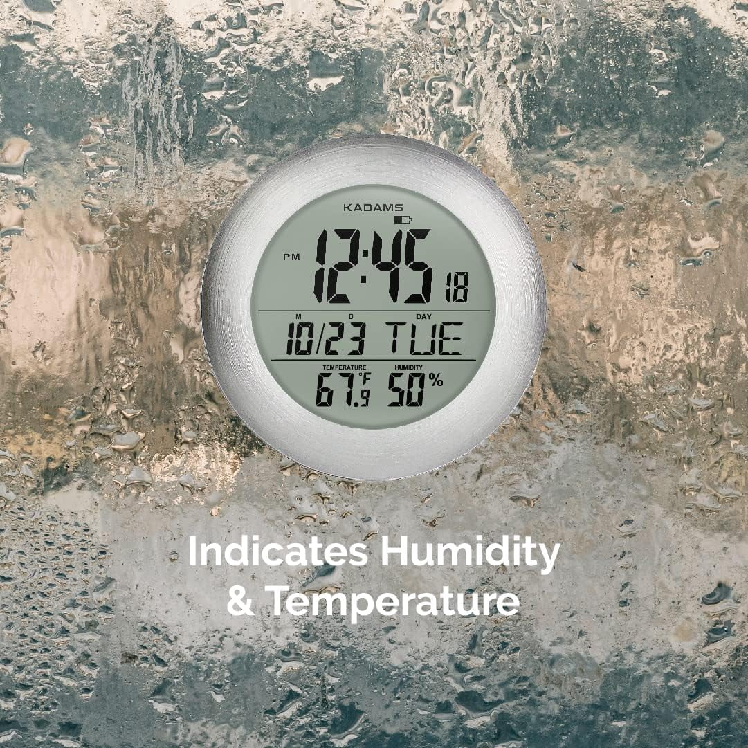 KADAMS Silver Waterproof Digital Timer Clock with Smart Alarm, Hygrometer, Temperature Display, Suction Cup, for Home Kitchen or Bathroom