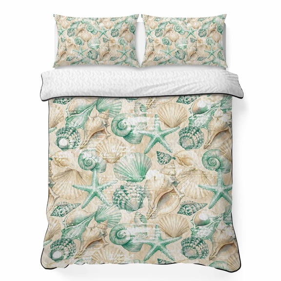 Quilts Twin XL Size Bedding Set, Teal Beige Coastal Lightweight Quilted Comforter, Summer Beach Starfish Conch Shell Ocean Soft Bedspread Coverlet with Pillow Covers for All Season, 68" x 98"