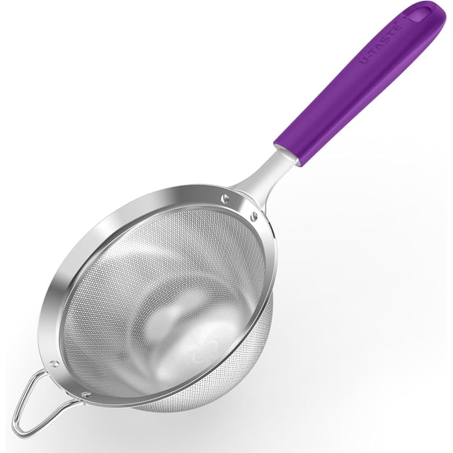 U-Taste Medium Fine Mesh Strainer: 18/8 Stainless Steel 4.73in 30 Mesh Kitchen Food Sieve with Sturdy Riveted Silicone Handle, Heavy Duty Deep Handheld Metal Colander for Rice, Quinoa (Purple)